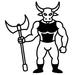 Minotaur with axe line art vector illustration