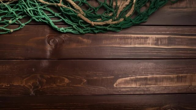 Overhead shot of brown wood plank backdrop with green and tan fishing net draped across the top of the frame