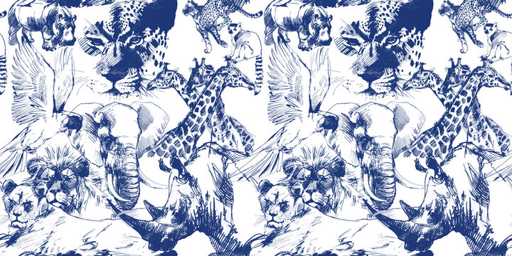 African Animals drawn seamless pattern. Blue and white animals Background