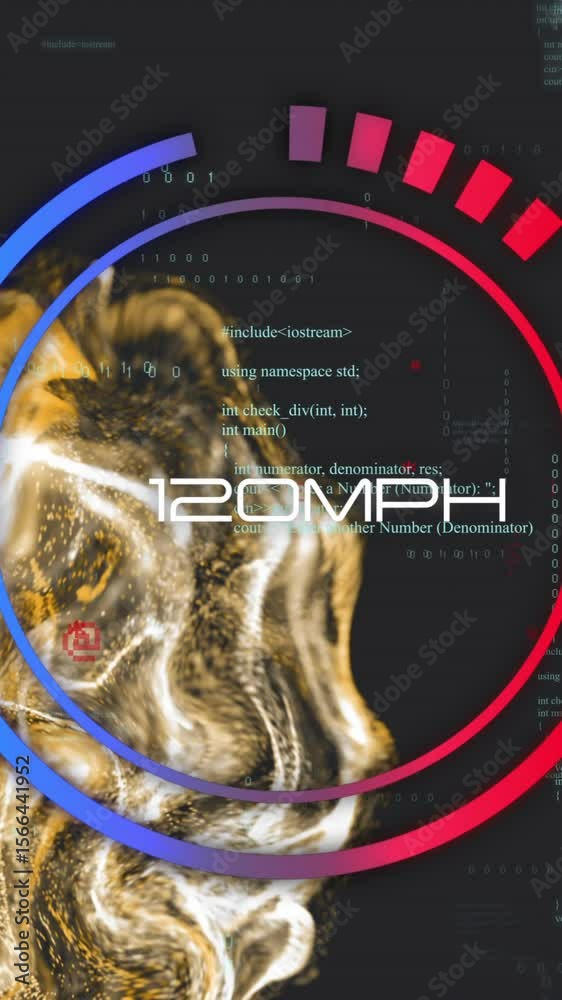 Poster Speedometer animation showing 55 MPH over abstract background with flowing shapes and code