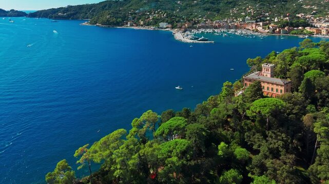 Aerial view of the picturesque resort town of San Michele di Pagana in Liguria, Italy