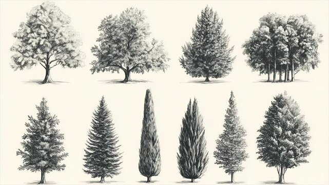 Detailed pencil sketches of various tree types