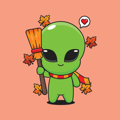 Cute alien holding broom in autumn day cartoon vector illustration