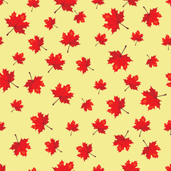 seamless pattern with autumn red maple leaves on yellow background