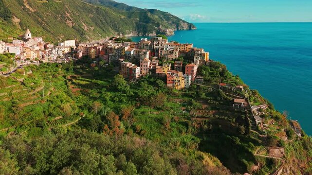 Aerial view of the Corniglia town in the famous Cinque Terre, Liguria, Italy