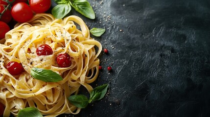 A delicious plate of fettuccine pasta garnished with cherry tomatoes, fresh basil leaves, and sprinkled with black pepper and cheese on a dark textured surface.