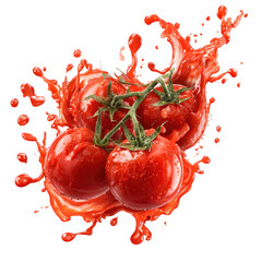 Fresh tomatoes with juice splash on transparent background