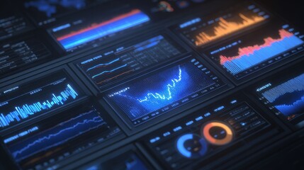 Obraz premium High-tech digital dashboard with multiple screens displaying blue-toned line graphs, bar charts, area graphs, and circular gauges in vibrant red, orange, and yellow highlights.