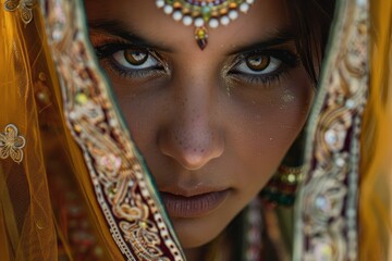 Close up portrait of a young indian woman with intense brown eyes, wearing traditional gold and red patterned clothes and jewelry