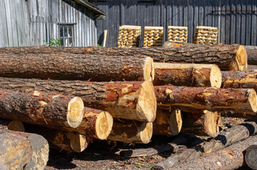 Freshly cut logs are stacked in front of a rustic wooden building with stacks of pallets in the...