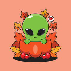 Cute alien in a pumpkin in autumn cartoon vector illustration