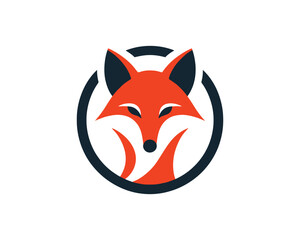 Obraz premium Stylized orange fox face emblem inside a dark blue circle