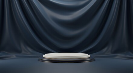 고요한 어둠 속 우아한 대리석 받침대 부드러운 곡선의 암흑색 천 배경