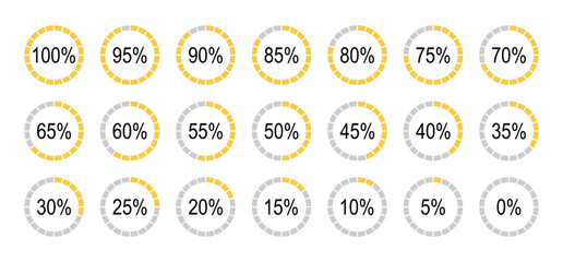 Percentage infographics elements. Set of round diagrams icons for infographics from 0 to 100 percent. Yellow, gray color fill pizza, pie charts indicator templates. Circle graph loading progress.