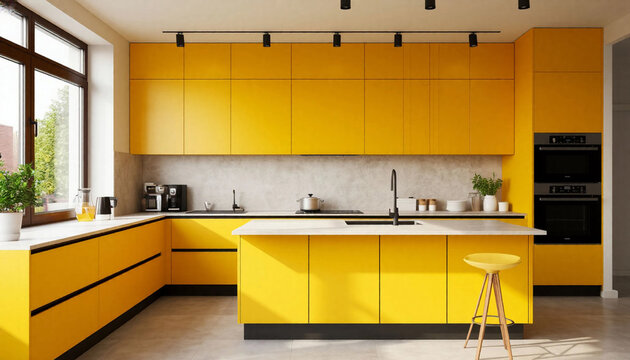 Interior of a modern kitchen in yellow tones
