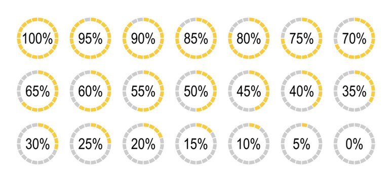 Percentage infographics elements. Set of round diagrams icons for infographics from 0 to 100 percent. Yellow, gray color fill pizza, pie charts indicator templates. Circle graph loading progress.