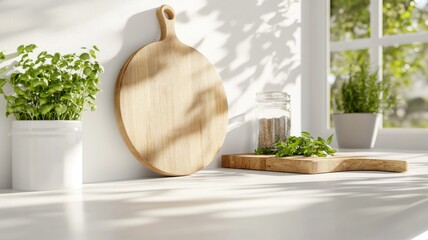 Modern kitchen scene with clean white countertop and negative space for marketing text. Clean and bright kitchen background