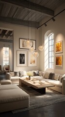Artistic gallery-style living room. Chic living room with modern decor and lighting.