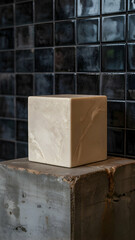 Minimalist marble cube on concrete block with dark tile background product display photography