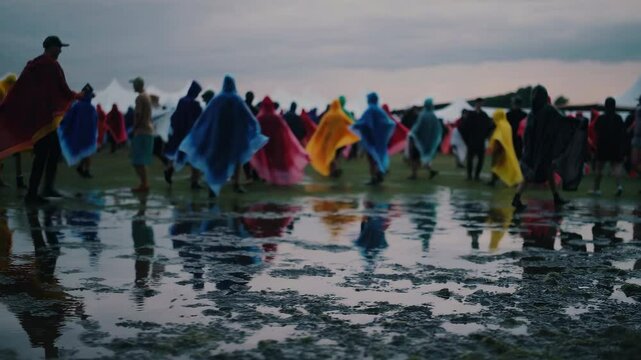 Rainy Day Music Festival with People in Colorful Ponchos &ndash; Wide Shot of Outdoor Crowd Walking Across Wet Field Under Cloudy Sky
