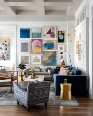 Artistic gallery-style living room. Modern living room with artistic wall decor.