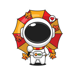 Cute astronaut holding umbrella in autumn day cartoon vector illustration