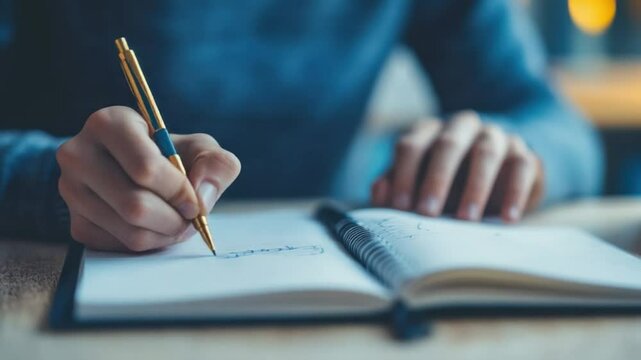Close-up of a person's hands writing in a spiral notebook with a gold pen.  The focus is on the hand and pen, with the background softly blurred