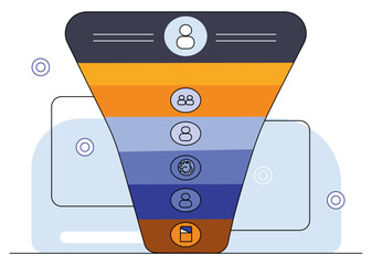 Vertical Funnel Chart Showing Key Stages of the Customer Journey With Lead to Customer Transition Using Minimal Icons in a Clean and Modern Flat Design.