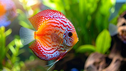 Vibrant Red and Orange Discus Fish in Clear Aquarium Water