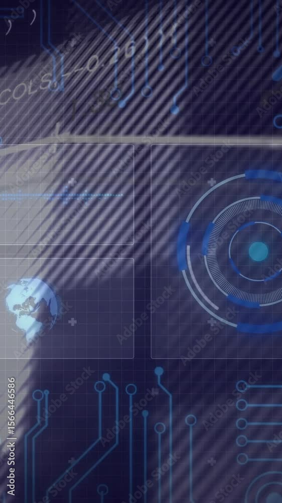 Poster processing data on digital interface with circuit board animation over abstract background