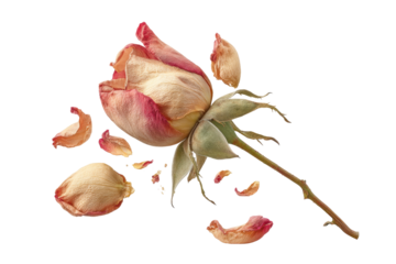 PNG Wilted rose on black background with falling petals displaying natural decay