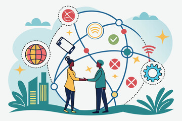 Two people shaking hands under a network of global connections