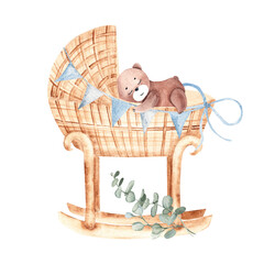 Watercolor illustration of Baby Boy cradle from rattan decorated with eucalyptus branches with plush Teddy Bear Toy. Hand drawn Crib in retro style. For newborn greeting or birthday cards, baby shower