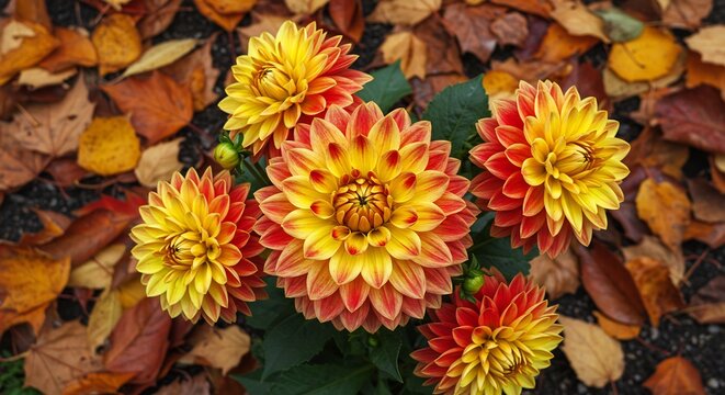 가을 낙엽 위 화려한 달리아 꽃송이들 따뜻한 햇살 받으며 아름답게 피어나다