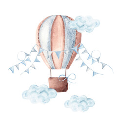 Watercolor Hot Air Balloon with blue pennants flying in clouds. Hand drawn baby boy illustration in pastel colors isolated on white background. Vintage style. For kids goods, cards and posters. Baby