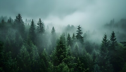 Misty mountain landscape with mysterious fir forest