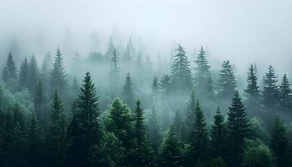 Misty mountain landscape with mysterious fir forest
