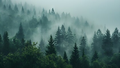 Misty mountain landscape with mysterious fir forest