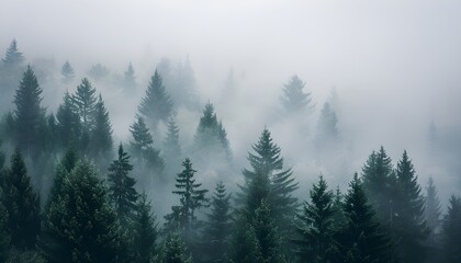 Misty mountain landscape with mysterious fir forest