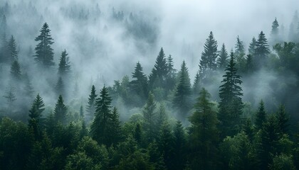 Misty mountain landscape with mysterious fir forest