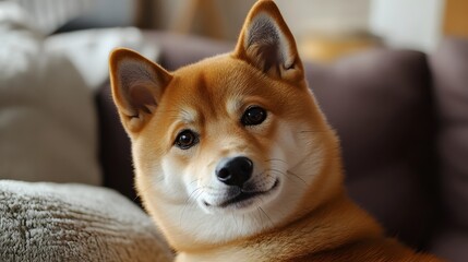 A cute Shiba Inu dog with a smiling expression poses for a portrait indoors on a comfortable living room couch.