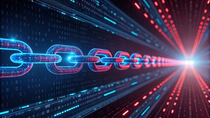 Cybersecurity and network security build digital resilience. A glowing digital chain symbolizing blockchain technology extends 