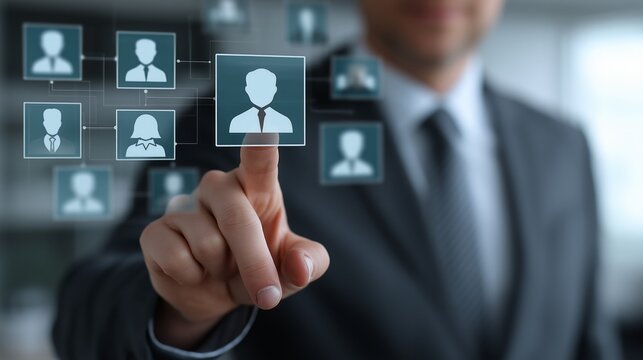 Businessman choosing candidate for hiring process using futuristic virtual panel