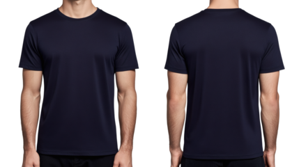Casual short sleeved t-shirt in navy displayed from the front and back offering a versatile garment for fashion and everyday apparel, transparent background
