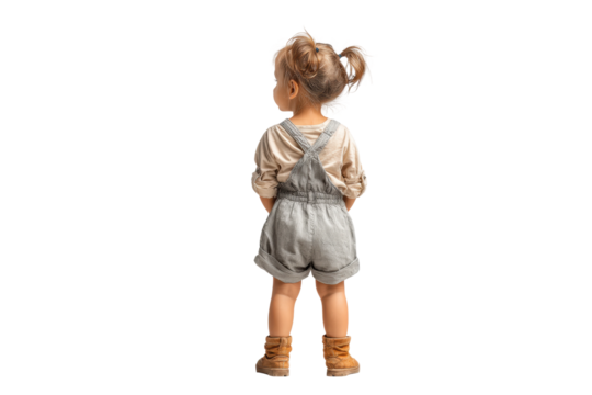 PNG Caucasian female toddler in overalls and boots facing away