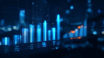Naklejka premium Digital-style bar chart with bright blue vertical bars, numerical values, and data text in a dark, futuristic urban setting with bokeh orange and blue lights.