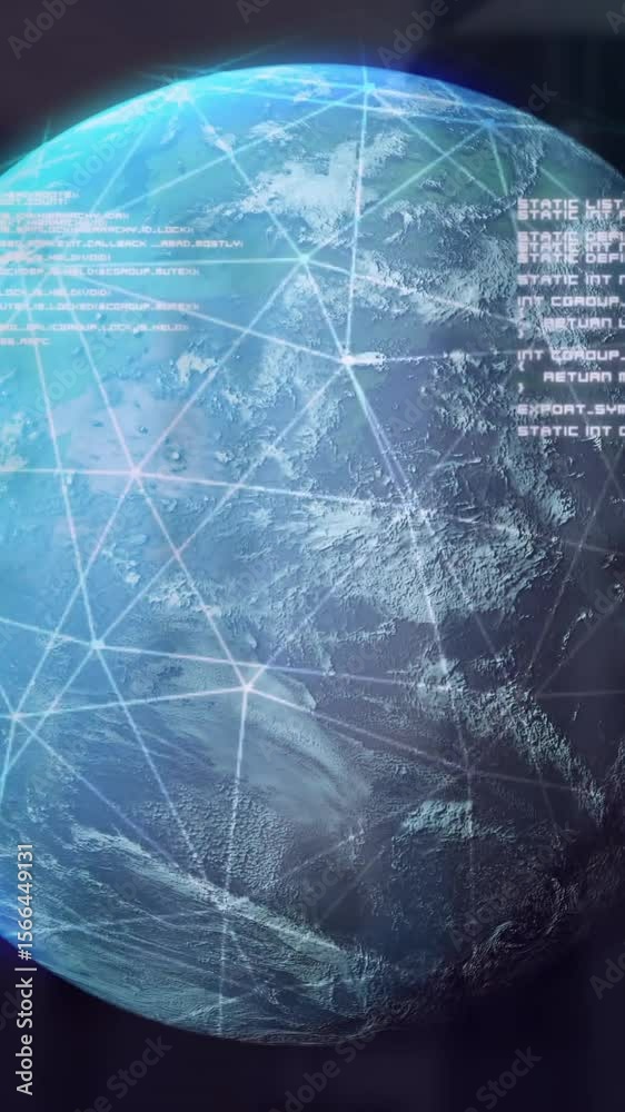 Poster digital network and data processing animation over rotating earth and geometric shapes