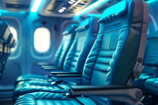 Empty blue seats inside the cabin of a modern aircraft, illuminated by blue mood lighting, creating a relaxing ambiance - Powered by Adobe