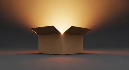 Minimalist open cardboard box glowing in abstract logistics studio setup