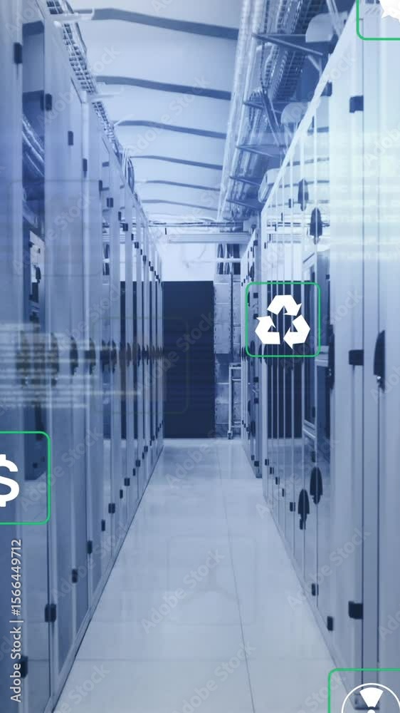 Poster animation of multiple icons, computer language over corridor of data server room